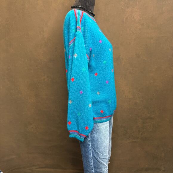 Vintage Jason Maxwell Sweater 80s Geometric Knit Turquoise Pullover Korea XL - Picture 2 of 9